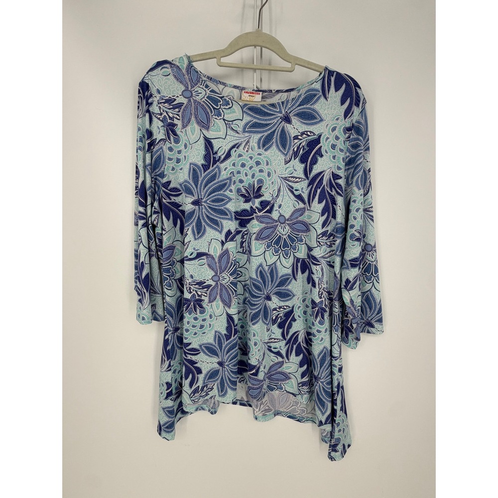 Ruby Rd Favorites Tunic Women 2X Blue Floral Paisley Sharkbite Hem Boho Coastal